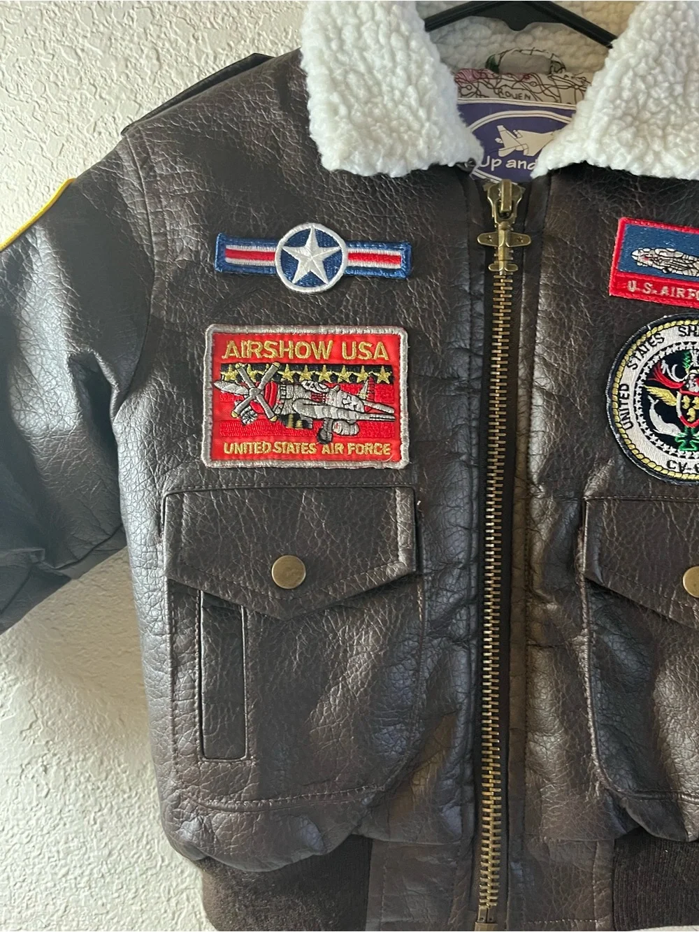 Kids Brown Faux Leather Bomber Jacket with Sherpa Collar